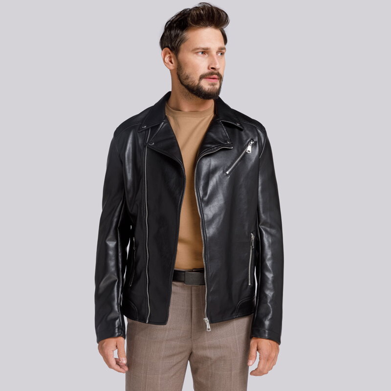 Męska ramoneska z ukośnym suwakiem klasyczna czarna 94-9P-150-1