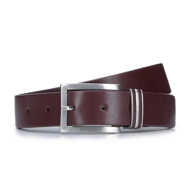 Męski pasek skórzany ze zdobioną szlufką bordowy 93-8M-104-5