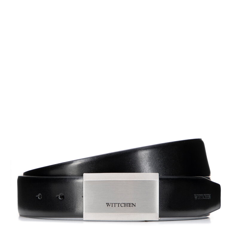 Męski pasek z gładkiej skóry naturalnej czarno - srebrny 101-8M-214-1S