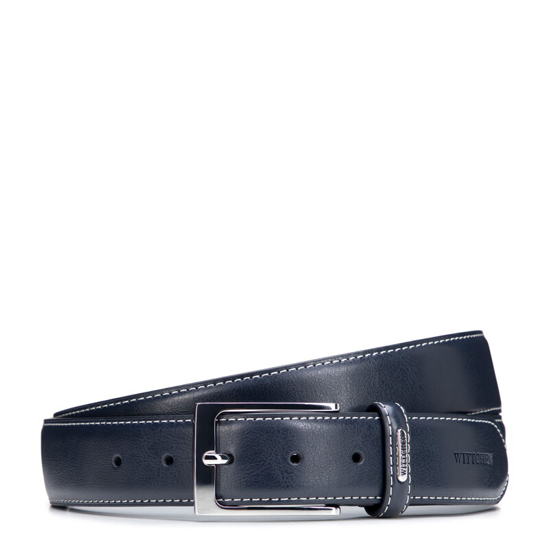 Męski pasek ze skóry naturalnej z kontrastowym przeszyciem granatowy 102-8M-109-N