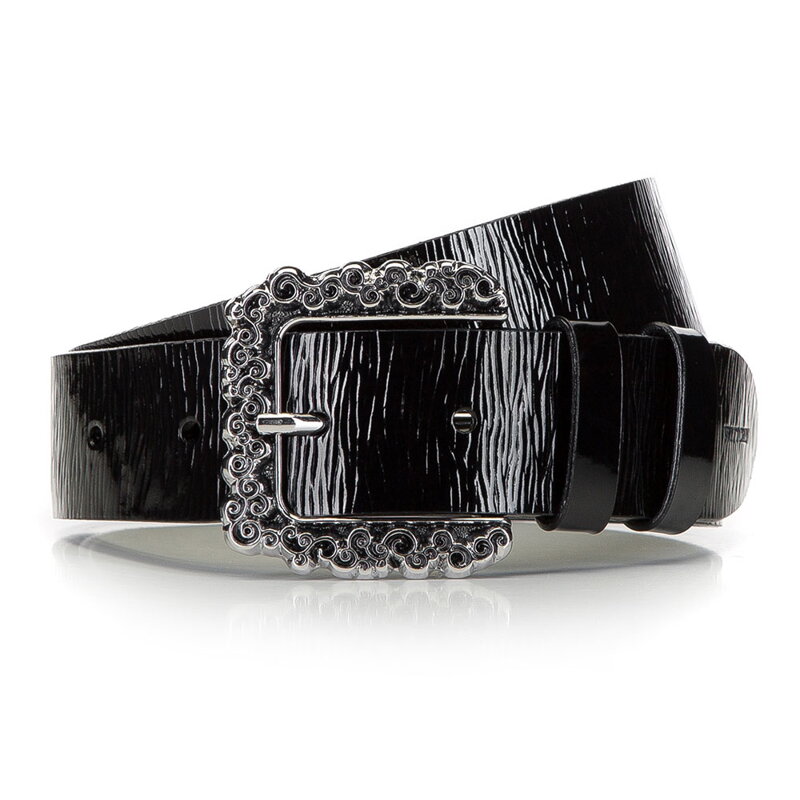 Damski pasek skórzany lakierowany z dużą klamrą czarny 92-8D-314-1