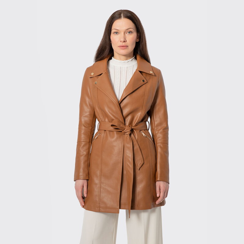 Dámsky hnedý kabát z imitácie kože 100-9P-101-4