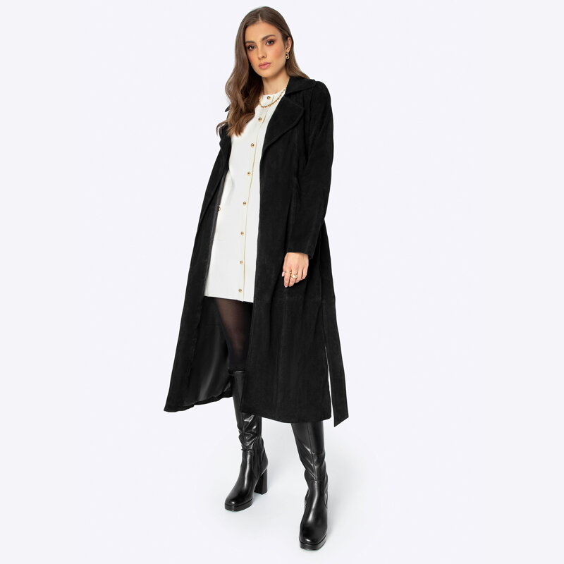 Płaszcz damski zamszowy ze skóry owczej czarny 99-09-808-1