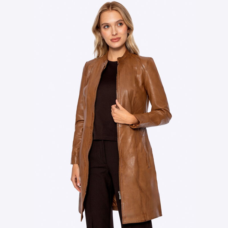 Płaszcz ze skóry naturalnej owczej brązowy 101-09-400-5