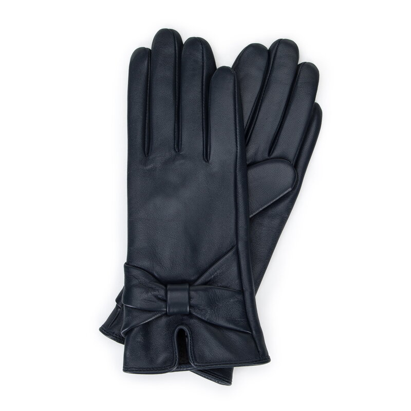 Damskie rękawiczki skórzane z dużą kokardą granatowe 39-6L-902-GC