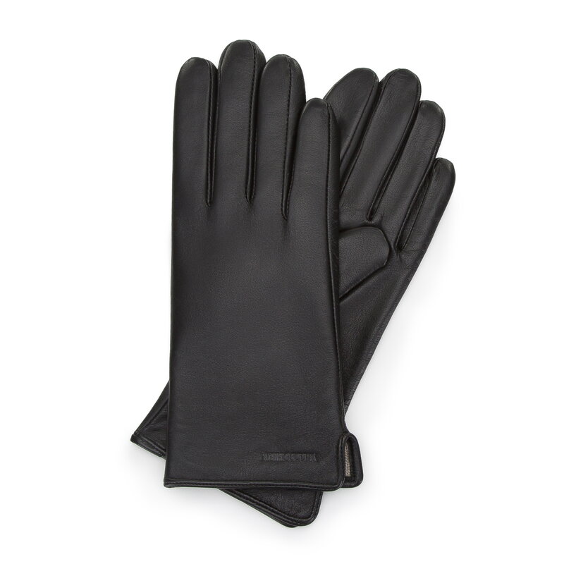 Damskie rękawiczki skórzane gładkie czarne 44-6A-003-1