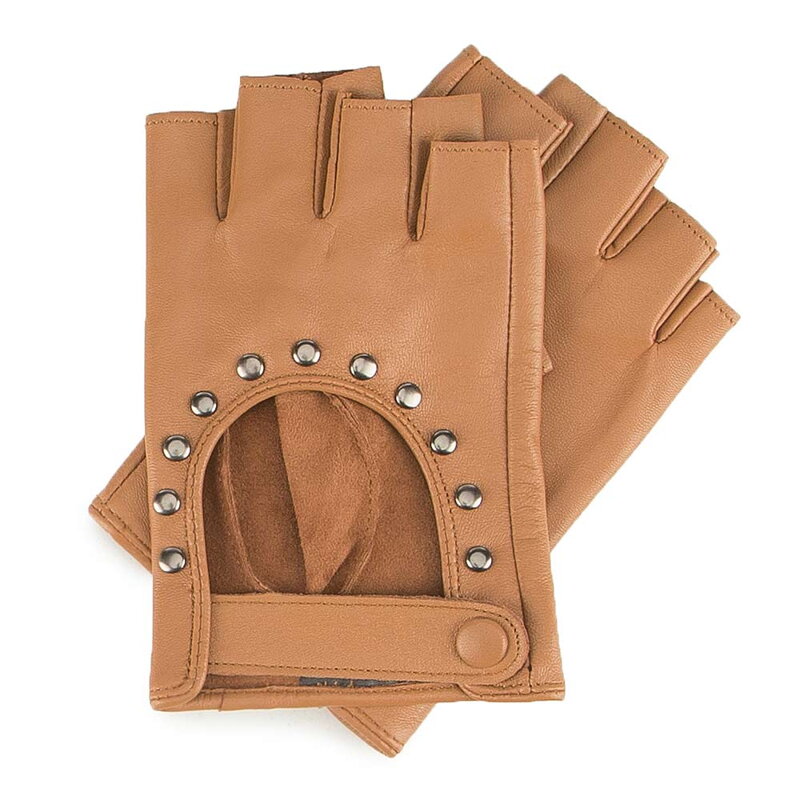 Damskie rękawiczki skórzane bez palców z nitami brązowe 46-6-306-B Damskie rękawiczki skórzane bez palców z nitami brązowe 46-6-306-B