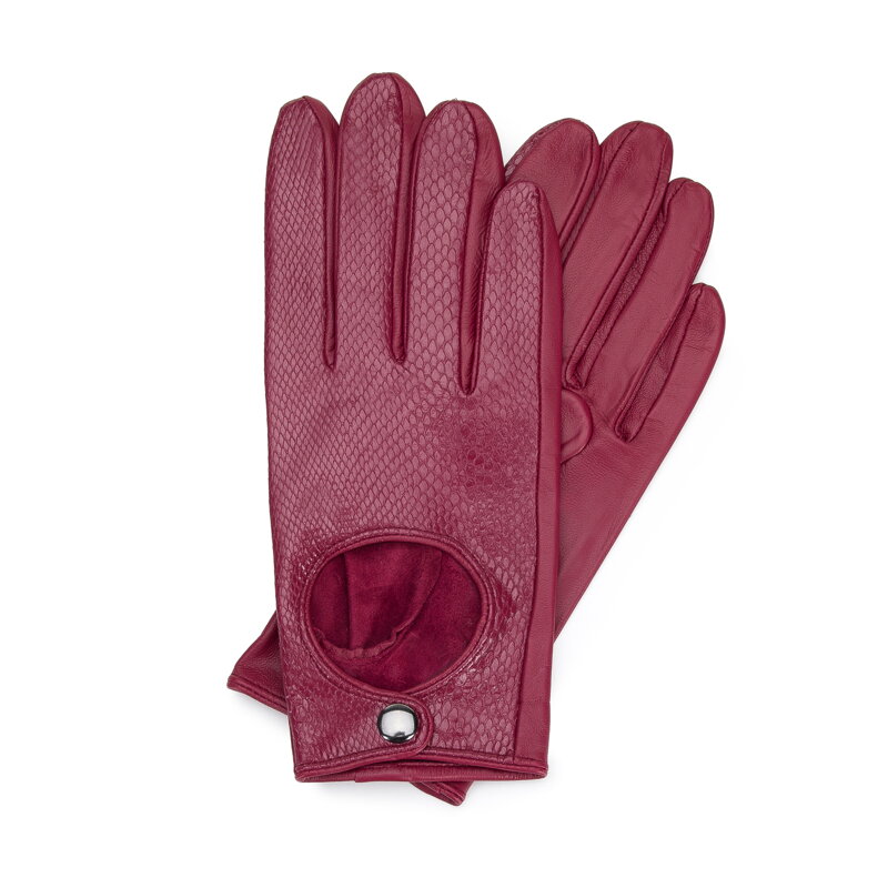 Damskie rękawiczki skórzane samochodowe klasyczne karminowe 46-6A-002-5