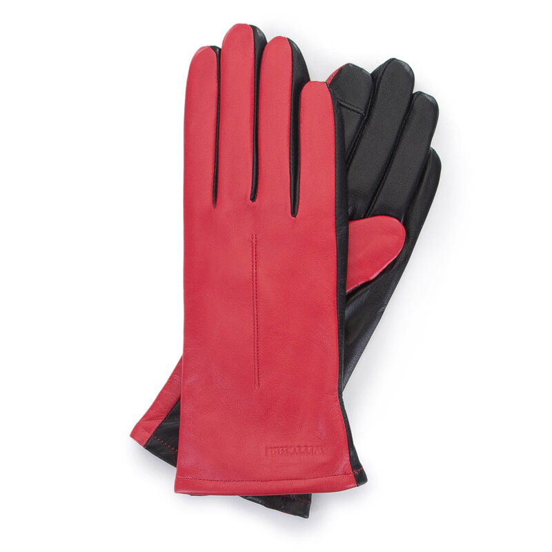 Damskie rękawiczki z dwóch kolorów skóry czerwono-czarne 39-6-649-3