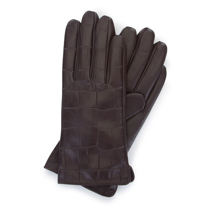 Damskie rękawiczki ze skóry croco brązowe 39-6-650-B