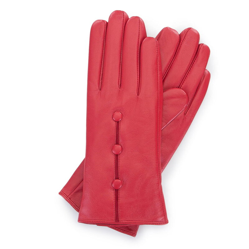 Damskie rękawiczki skórzane z guzikami czerwone 39-6-651-3