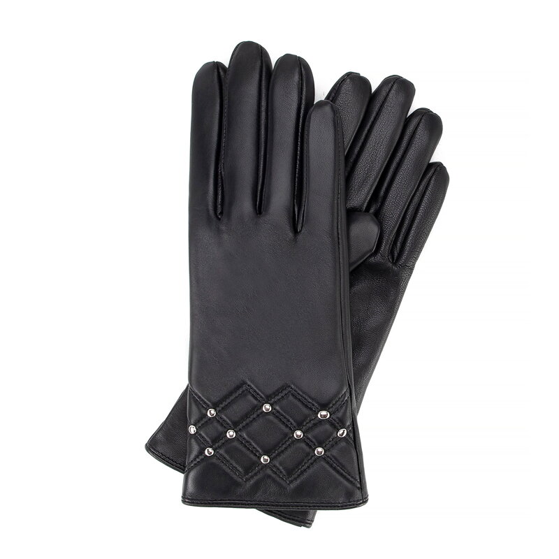 Damskie rękawiczki skórzane z pikowaniem czarne 44-6A-707-1