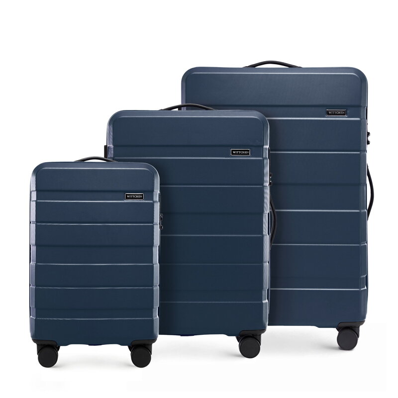 Zestaw walizek z ABS-u w poziome pasy granatowy 56-3A-10S-90