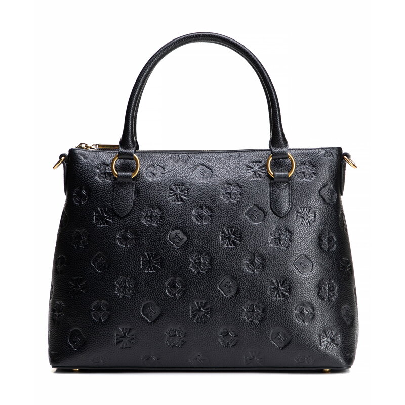 Kožená shopper kabelka s podpisom, čierna a zlatá 100-4E-624-1G