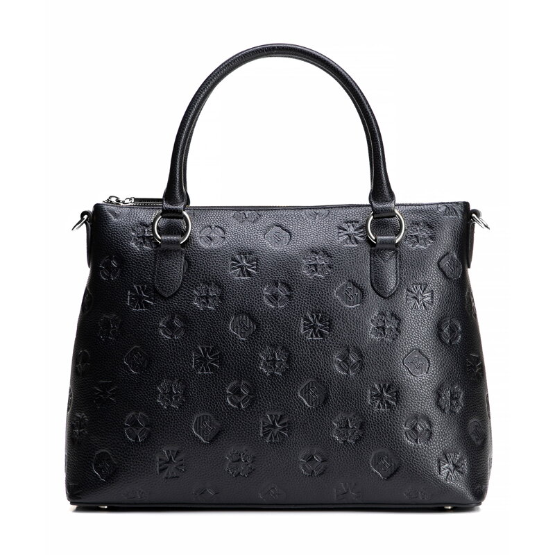 Kožená shopper kabelka s podpisom, čierna a strieborná 100-4E-624-1S