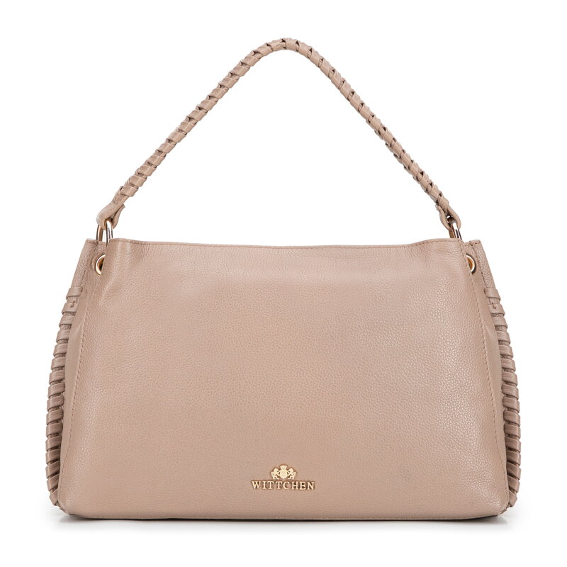 Skórzana torebka na ramię z plecioną rączką beżowa 101-4E-807-9