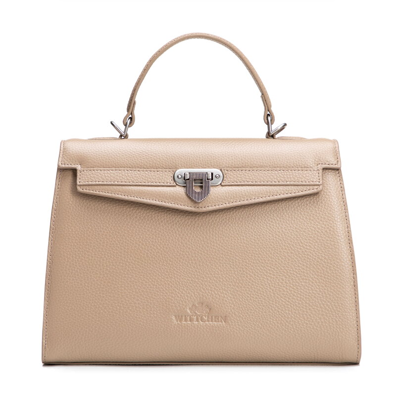 Skórzany kuferek z dekoracyjnym zapięciem beżowy 101-4E-215-9