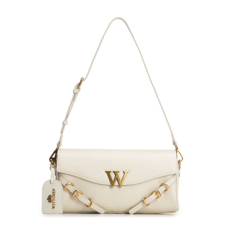 Torebka bagietka ze skóry naturalnej z ozdobnymi paskami kremowa 101-4E-211-0