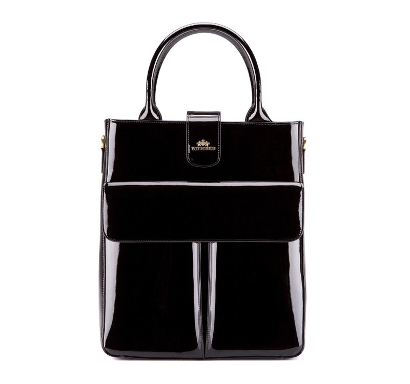 Klasyczna torebka damska na ramię ze skóry lakierowanej czarna 25-4-528-1