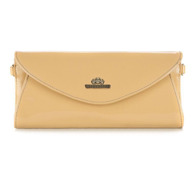 Kopertówka damska ze skóry lakierowanej na ramię beżowa 25-4-585-C