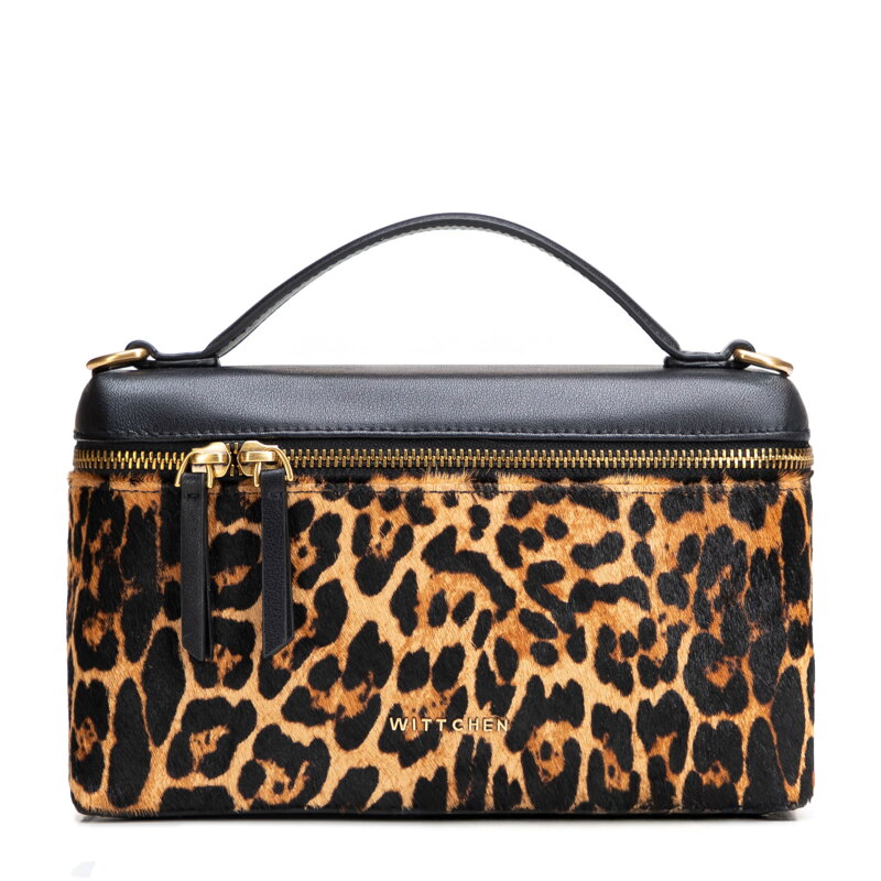 Kuferek damski ze skóry naturalnej w panterkę czarno - brązowy 102-4E-604-4