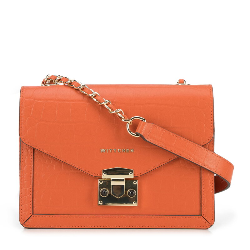 Damska listonoszka ze skóry croco z trójkątną klapą pomarańczowa 95-4E-660-6