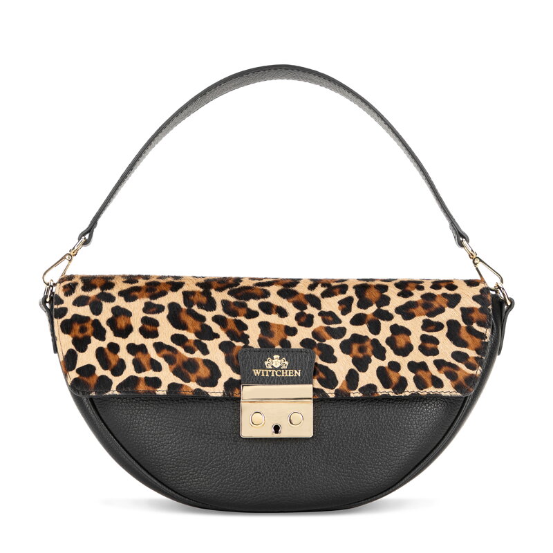 Torebka na ramię ze skóry naturalnej w motyw panterki czarno - brązowa 102-4E-002-11