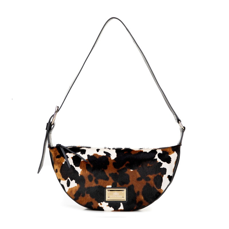 Torebka na ramię ze skóry naturalnej w motyw zwierzęcy czarno - kremowa 102-4E-004-14