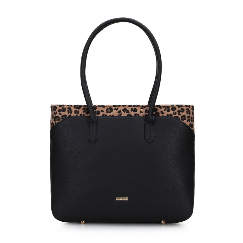 Torebka shopperka z ozdobną wstawką w zwierzęcy wzór czarna 95-2Y-531-1