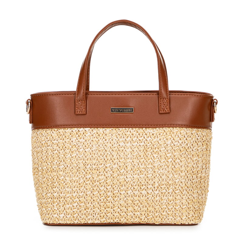 Damski kuferek z plecionki i imitacji skóry beżowo - brązowy 101-4Y-490-9