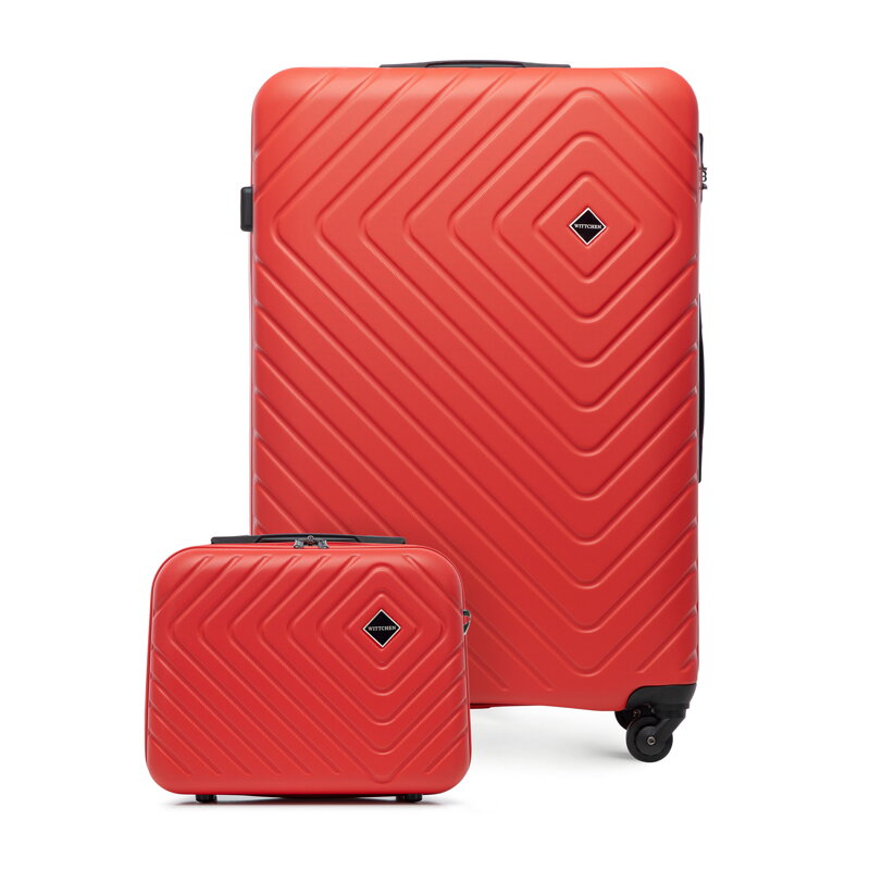 Duża walizka i kosmetyczka z ABS-u z geometrycznym tłoczeniem czerwone 56-3A-753-30K