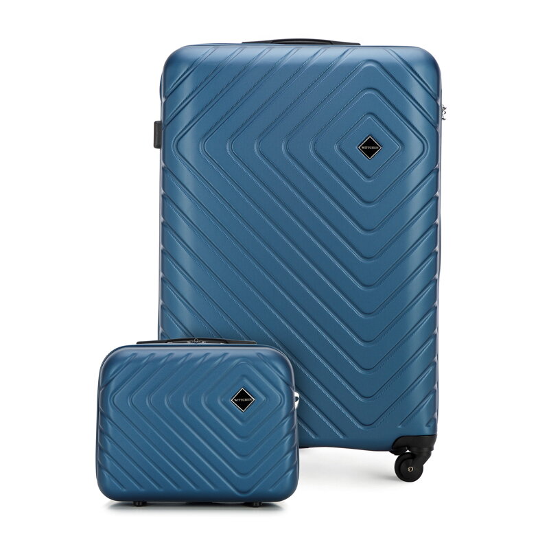 Duża walizka i kosmetyczka z ABS-u z geometrycznym tłoczeniem ciemnoniebieskie 56-3A-753-91K