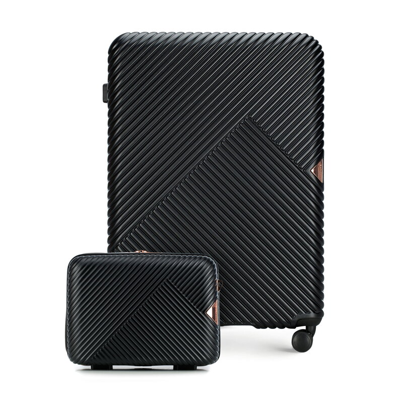 Duża walizka i kosmetyczka z polikarbonu w paseczki czarne 56-3P-843-10K