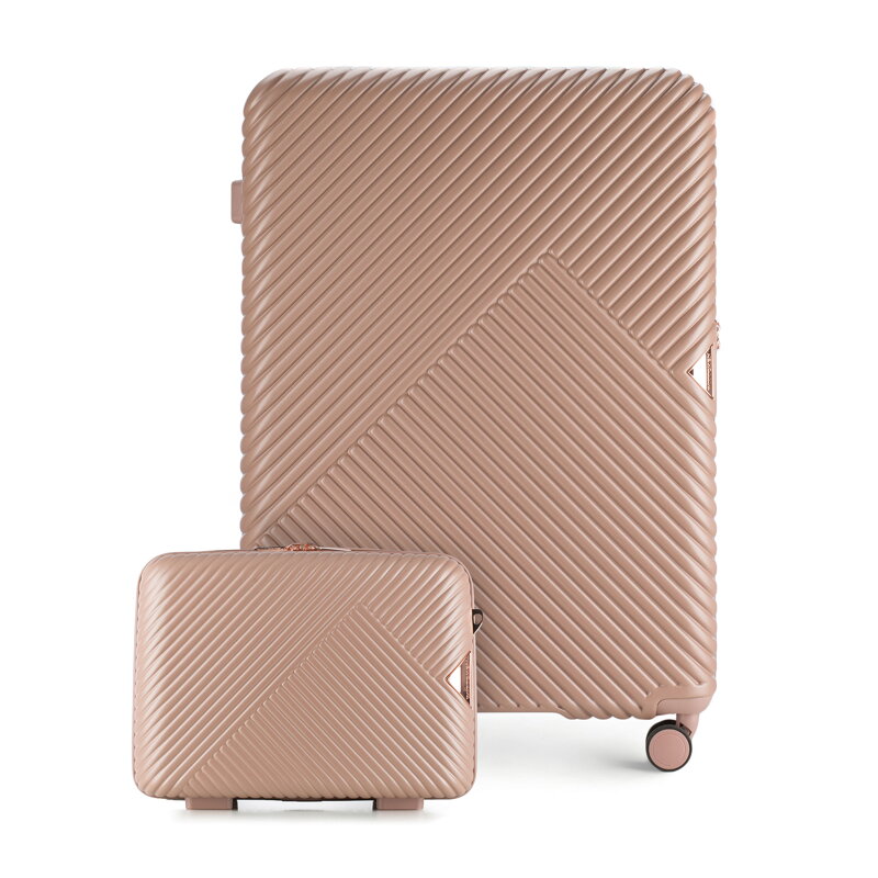 Duża walizka i kosmetyczka z polikarbonu w paseczki pudrowy róż 56-3P-843-77K