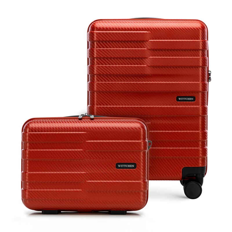 Walizka kabinowa i kosmetyczka z polikarbonu w poziome pasy czerwone 56-3P-581-30K