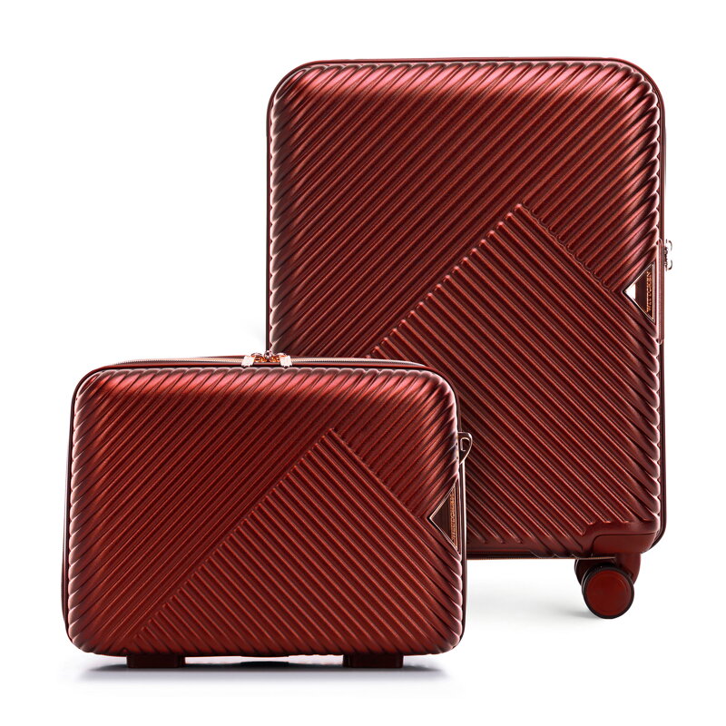 Walizka kabinowa i kosmetyczka z polikarbonu w paseczki burgundowe 56-3P-841-35K