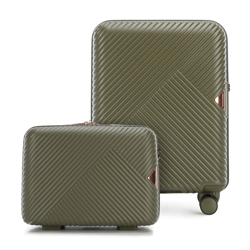 Walizka kabinowa i kosmetyczka z polikarbonu w paseczki oliwkowe 56-3P-841-85K