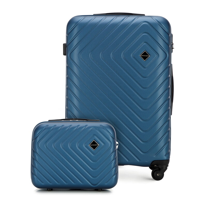 Średnia walizka i kosmetyczka z ABS-u z geometrycznym tłoczeniem ciemnoniebieskie 56-3A-752-91K
