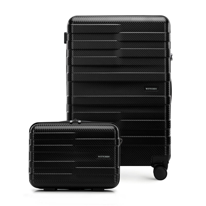 Średnia walizka i kosmetyczka z polikarbonu w poziome pasy czarne 56-3P-582-10K