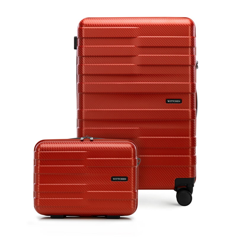 Średnia walizka i kosmetyczka z polikarbonu w poziome pasy czerwone 56-3P-582-30K