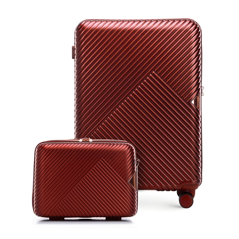 Średnia walizka i kosmetyczka z polikarbonu w paseczki burgundowe 56-3P-842-35K