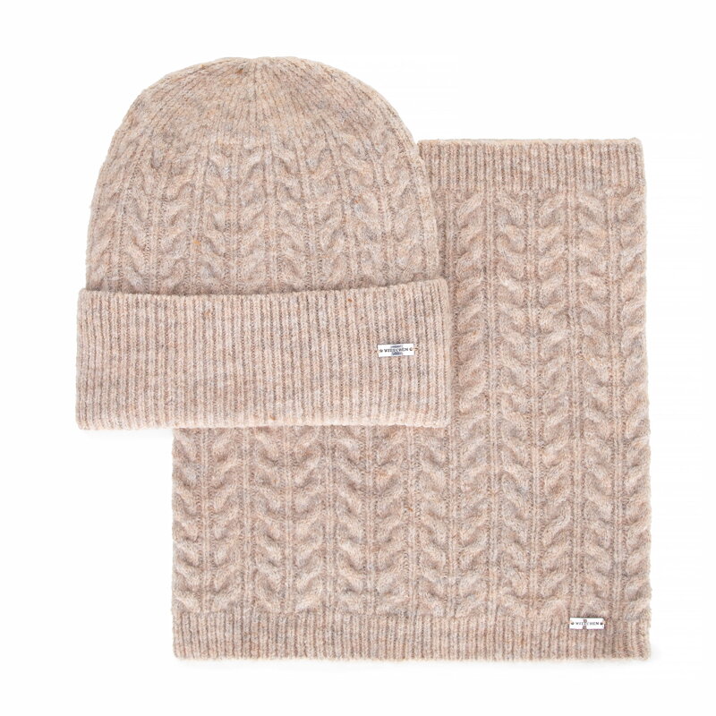 Zestaw damski zimowy – czapka i komin w splot warkoczowy beżowy 101-SF-209-9 Zestaw damski zimowy – czapka i komin w splot warkoczowy beżowy 101-SF-209-9