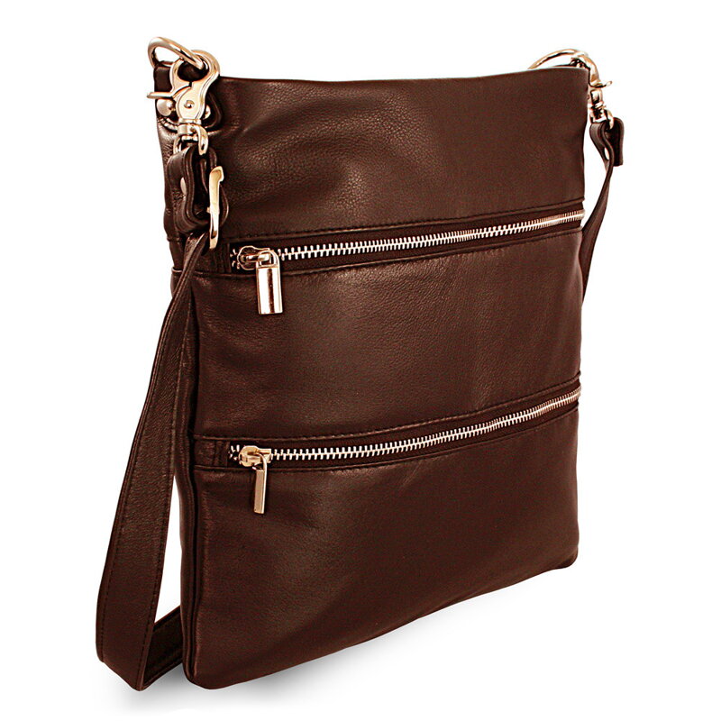 Tmavo hnedá kožená zipsová kabelka s popruhom 212-3066-47